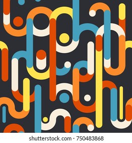 Psychedelic abstract geometric seamless pattern on black background.