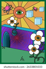 Psychedelic abstract illustration with eye-flowers, an all-seeing sun, and a mysterious wall in the center, surrounded by vibrant colors and surreal dreamlike elements.