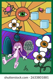 Psychedelic abstract illustration with eye-flowers, an all-seeing sun, a strange central wall, and a surreal pink rabbit, set in a vivid and dreamlike landscape.