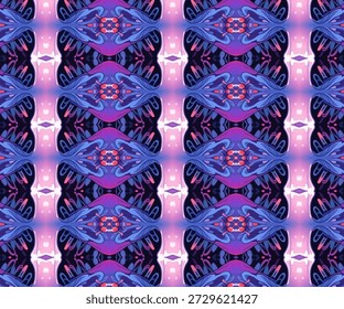 Padrão caleidoscópio abstrato psicodélico com simetria, roxo, azul, néon, textura geométrica e design repetitivo para fundos de arte moderna.
