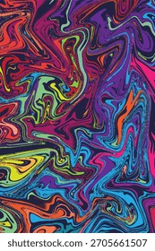 Ein psychedelisch abstrakter Marmorhintergrund mit komplizierten, wirbelnden Wellen aus violetter, blauer, grüner und roter fließender Farbe.