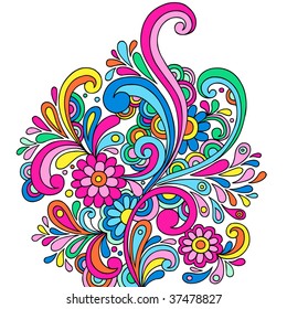 Psychedelic Abstract Paisley Doodle with Flowers and Swirls- Vector Illustration