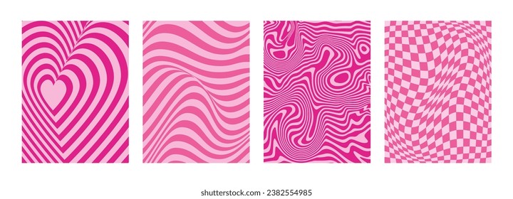 Psychedelic abstract pink background. Y2k glamour aesthetic. 2000s. Girly doll mood. Vibrant pink hypnotic illusions, swirls. Liquify waves. Groovy checkered board. Backdrop, banner, cover, card. 