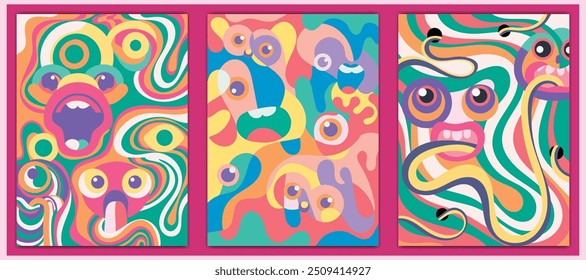 Psychedelic abstract pop art design featuring expressive, colorful faces and swirling lines. Perfect for creative projects, modern art displays, and vibrant product packaging. Vector illustration