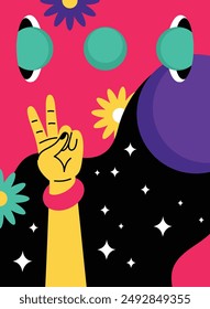 Psychedelic abstract poster in bright acidic trendy colors.Print for t-shirts, cards, flyers, posters.Vector flat illustration