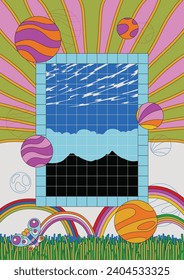 Afiche Resumen Psicodélico, Arcoiris, Grasa Verde, Rayos. Fondo natural, formas geométricas, colores psicodélicos