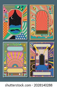 Psychedelic Abstract Posters, Covers, Illustrations template Set, 1980s - 1990s Colors and Geometric Shapes