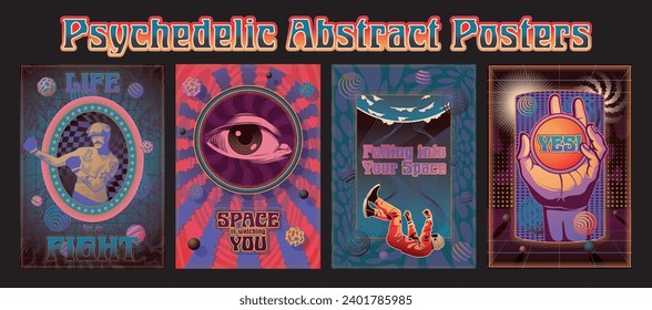 Psychedelic Abstract Posters, Retro Boxer with Cap, Mustache and Tattoos, Astronaut in Outer Space, Abstract Geometric Shapes Background