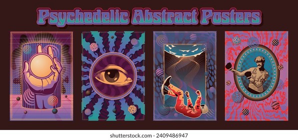 Psychedelic Abstract Posters Template Set, Spaceman, Retro Boxer, Engraving Eye, Hand and Label