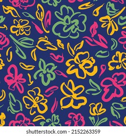 Psychedelic abstract retro florals with leaves seamless repeaet pattern. Random placed, vector line art flower power all over surface print on dark blue background.