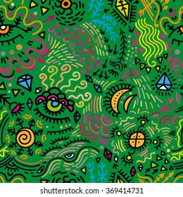 Psychedelic abstract seamless pattern on a simple background. The pattern of many small details. Unusual abstract background pattern. Colorful surreal pattern.