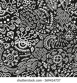 Psychedelic abstract seamless pattern on a simple background. The pattern of many small details. Unusual abstract background pattern. Black and white surreal pattern.