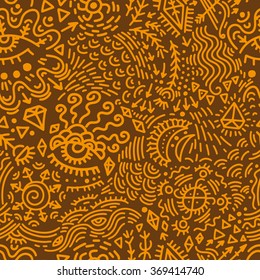 Psychedelic abstract seamless pattern on a simple background. The pattern of many small details. Unusual abstract background pattern. Orange brown pattern surreal.