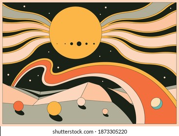 Psychedelic Abstract Space Illustration, Geometric Shapes, Retro Colors