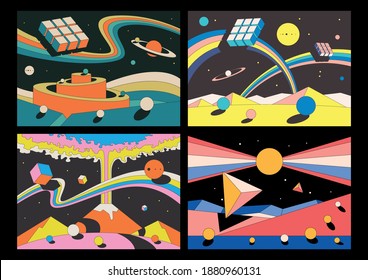 Psychedelic Abstract Space Illustration Set, Geometric Shapes, Vintage Colors 