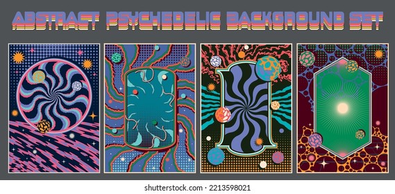 Psychedelic Abstract Style Colorful Creative Elements Backgrounds Set