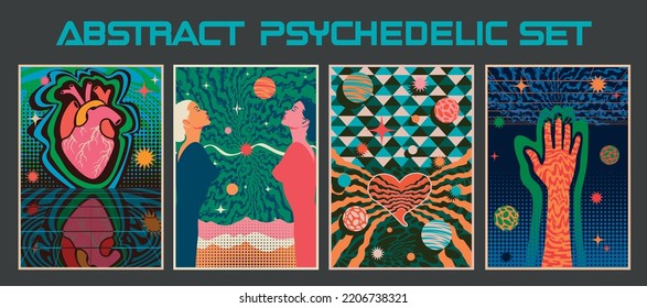 Psicodelic Abstract Style Perspective Colorful Posters Set