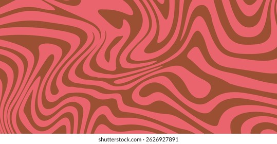 Fundo de vetor abstrato psicodélico com redemoinho, padrões ondulados em marrom e rosa, criando um efeito retro, groovy. Perfeito para pôsteres, papéis de parede ou projetos criativos.