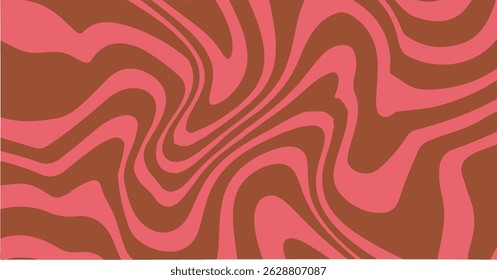 Psychedelic abstract vector background with swirling, wavy patterns in brown and pink, creating a retro, groovy effect.