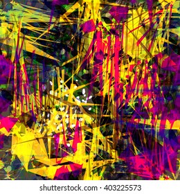 Psychedelic abstract vector pattern. Red, blue,  green, purple, black and yellow. White spots. Sharp angles. Randomly mixed objects