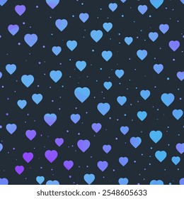 A psychedelic abstract vector seamless pattern of blue to purple hearts floating across star-spangled space. All against a dark blue background, creating a glowing animated visual effect.