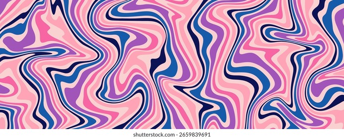 Psychedelic abstract wavy background with fluid, vibrant swirls in pink, purple, and blue tones, resembling a retro 70s style.
