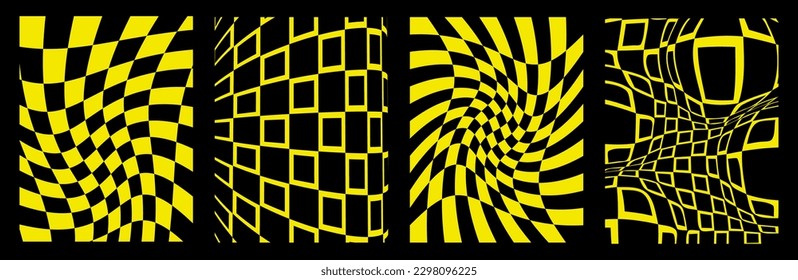 Psychedelic acid background set in yellow color. Surreal geometric shapes, abstract backgrounds and checkered patterns. Vector backgrounds in trendy Y2K style, 90s.