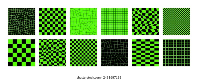 Psychedelic acid backgrounds. Surreal modern geometric shapes, abstract print, and checkered patterns. Groovy background in the trendy style of Y2K, 90s. Wavy checkerboard. Green and black colors