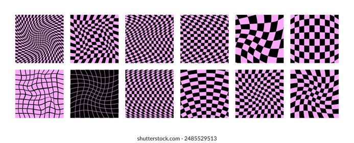 Psychedelic acid backgrounds. Surreal modern geometric shapes, abstract print, and checkered patterns. Groovy backgrounds in the trendy style of Y2K, the 90s. Wavy checkerboard. Pink and black colors