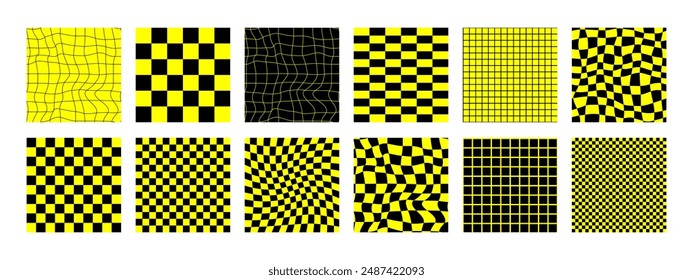 Psychedelic acid backgrounds. Surreal modern geometric shapes, abstract print, and checkered patterns. Groovy background in the trendy style of Y2K, the 90s. Wavy checkerboard. Yellow and black colors