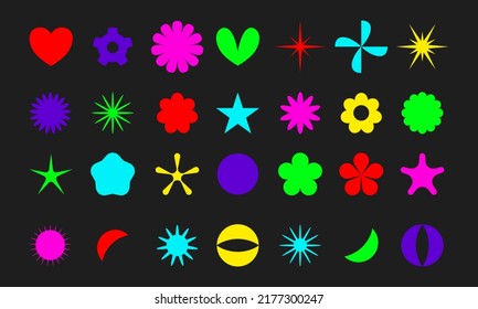 Elementos gráficos geométricos minimalistas con ácido psicodélico. Resumen conjunto de iconos de forma simple. Flores vectoriales divertidas y de 2k, chispas, estrellas, corazones. ilustración brillante, juego de tripies mágico adorno raro