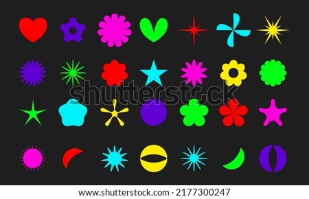 Psychedelic acid geometric minimalist graphic elements. Abstract simple shape icons set. Fun y2k vector flowers, sparkles, stars, hearts. bright illustration, magical decorative weird trippy set