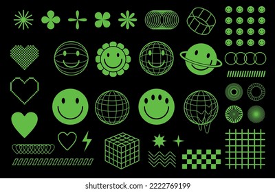 Psychedelic acid rave design elements set. Background with emoticons in the style of the 90s.