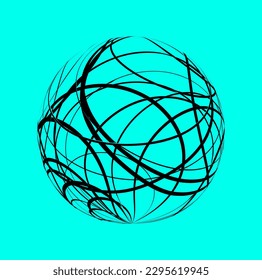 Psychedelic acid sign. Vintage retro element with tangled ball of dark bold lines. Hallucinogenic trippy sphere. Hipster Groovy Icon. Abstract linear flat vector illustration