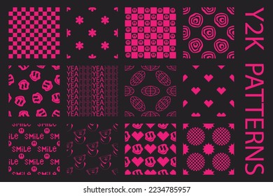 Psychedelic acid Y2K seamless pattern set. Trippy background with smile sticker in trendy 90s style on transparent background.
