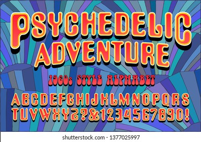 Psychedelic Adventure is a late 1960s style alphabet with bright color effects and a patterned background