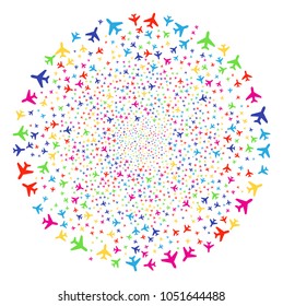 Psychedelic Air Plane sparked round cluster. Vector round cluster explosion organized by scatter air plane objects. Colorful Vector illustration.