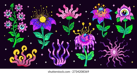 Flores alienígenas psicodélicas, plantas espaciales futuristas, conjunto de naturaleza surrealista