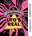 Psychedelic alien in the melting space. Groovy alien effects vector