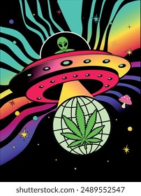 Psychedelic alien spaceship abducting a world of cannabis