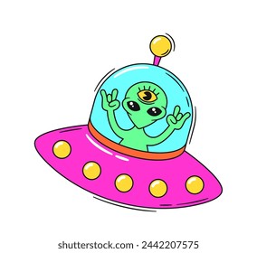 Psychedelic Alien in the Ufo Saucer Cartoon Vector Icon or Sticker, Encapsulates The Essence Of Extraterrestrial Mystery