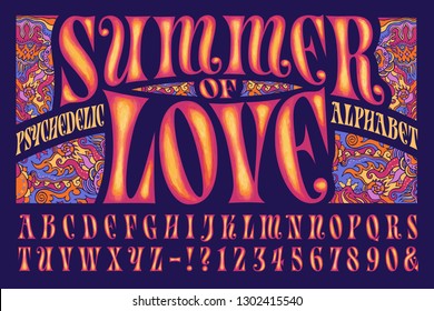 A psychedelic alphabet design. This font is in the style of 1960s hippie graphics and artwork.