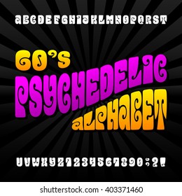 Psychedelic alphabet font. Hand drawn letters and numbers in 60's hippy style. Stock vector typeset for your design.