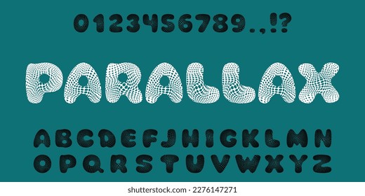 Psychedelic alphabet with holes, plump font, voluminous capital letters and numbers. Futuristic aesthetics y2k. Font for logos, presentations. Vector illustration.