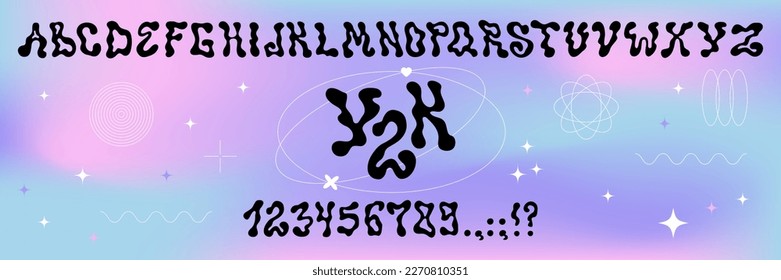 Psychedelic alphabet.
Letters and numbers in Y2K style. Elements for social media, web design, poster, banner, greeting card. Liquid abc