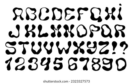 Psychedelic alphabet, numbers, and symbols. Set of funky letters. Vector.