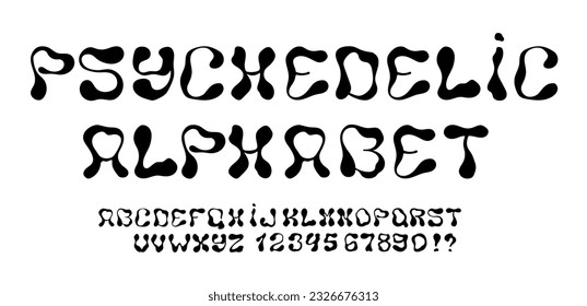 Psychedelic alphabet, numbers, and symbols. Set of funky letters. Vector.