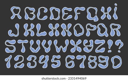 Psychedelic alphabet, numbers, and symbols. Set of funky letters. Vector.