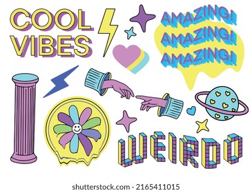 Psychedelic ancient sculpture vector design with arch, column, flower, cartoon elements