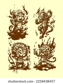 Psychedelic angry tiger roar sketch, Hand drawn vector illustration
